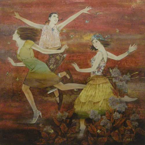 《轻舞飞扬》160cm×160cm--获厦门2005\中国漆画展银奖（最高奖）入选第三届北京国际美术双年展